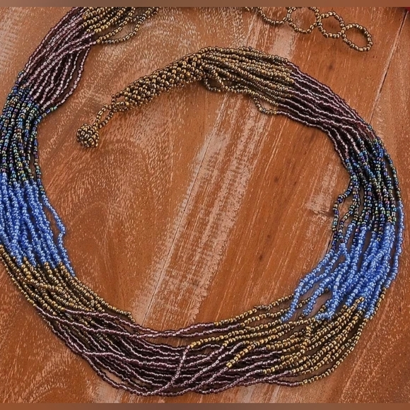 Jewelry - Blue and Brown Seed Beaded Multi Strand Necklace 22 Inches, NIB